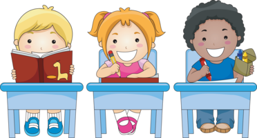 3个孩子坐在课桌前＂width=